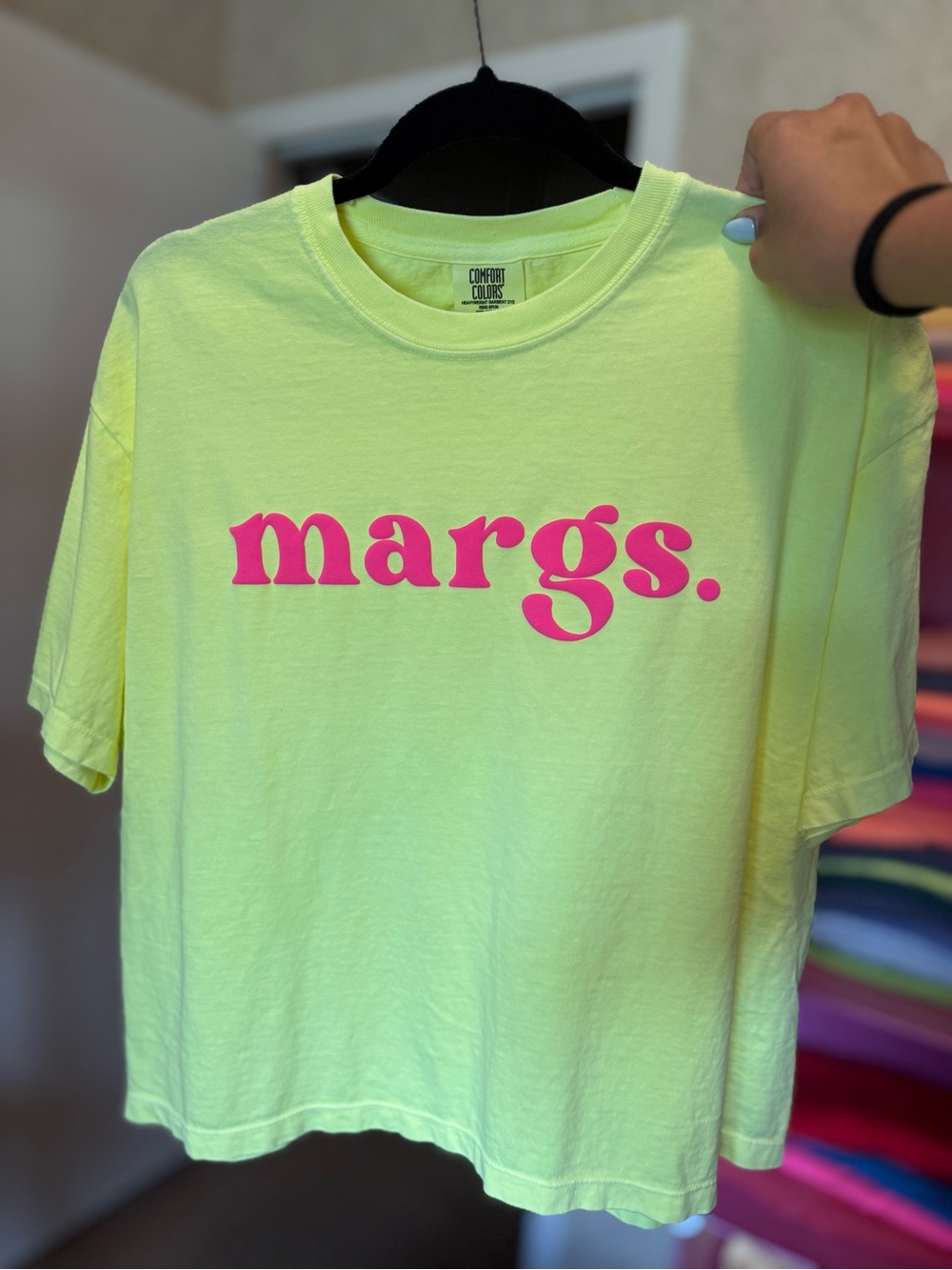 Comfort Colors BOXY CROP Neon Yellow 'margs.' Puff Print Graphic Tee